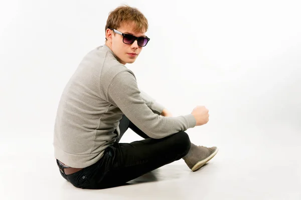 Pensive Stylish Young Man Sitting Floor Glasses — Stock Photo, Image