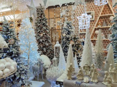 TERNI, İtalya - 26 Ekim 2021: Terni, İtalya 'daki sihirli noel dükkanının içindeki Noel ağaçları ve diğer süslemeler