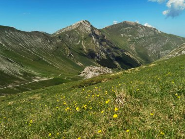 Arka planda vahşi vadi ve Pizzo Berro 'nun panoramik görüntüsü mavi gökyüzüne karşı
