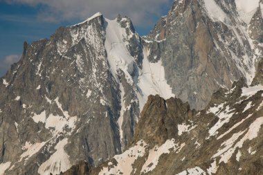 Güneşli bir günde Mont Blanc (Monte Bianco) dağ sırasının manzarası. Aosta Vadisi, İtalya