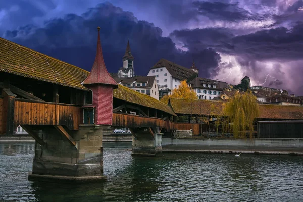 View Historic Wooden Bridge Luzern Europe — Φωτογραφία Αρχείου