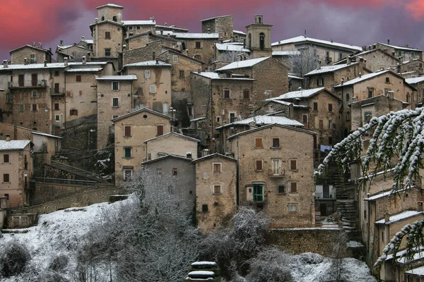 View Scanno Medieval Little Town Snow Winter Sunset Abruzzo Italy — Foto de Stock
