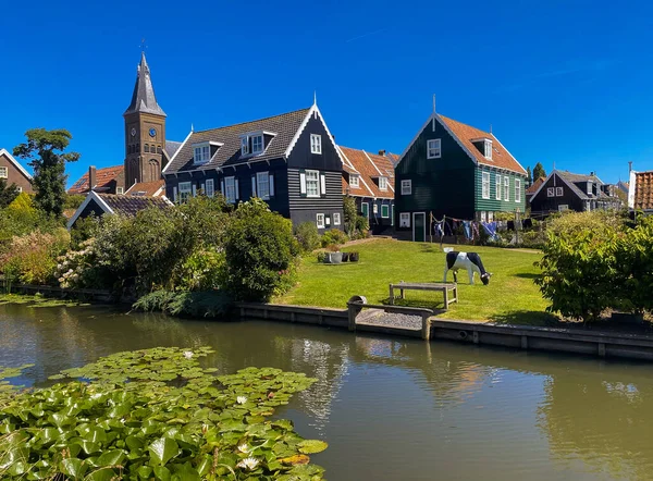 View Beautiful Traditional Small Dutch Town Marken Wooden Houses Located — 图库照片
