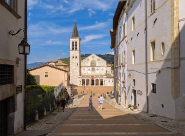 SPOLETO, ITALY - AUGUST 12, 2022: View of Spoleto Cathedral (Duomo di Santa Maria Assunta), a fine example of Romanesque, Umbria, Italy
