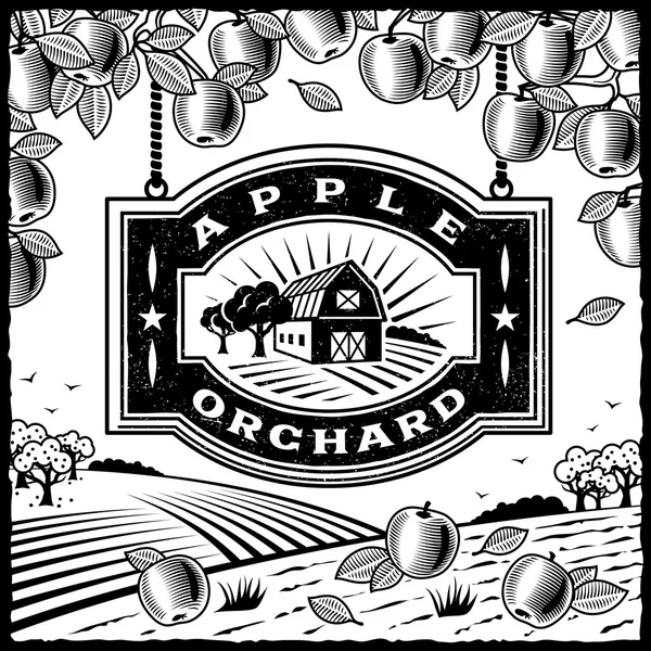 Verger de pommes noir et blanc — Image vectorielle
