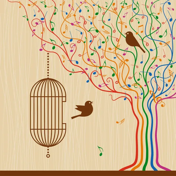 Jaula de pájaros en el árbol musical — Vector de stock