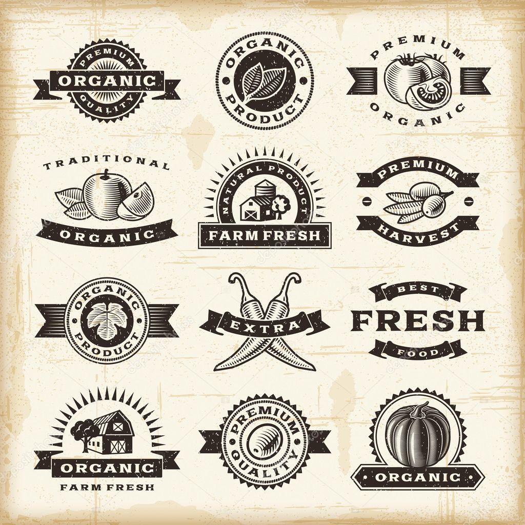 A set of of fully vintage organic harvest stamps in woodcut style. EPS10 vector illustration.