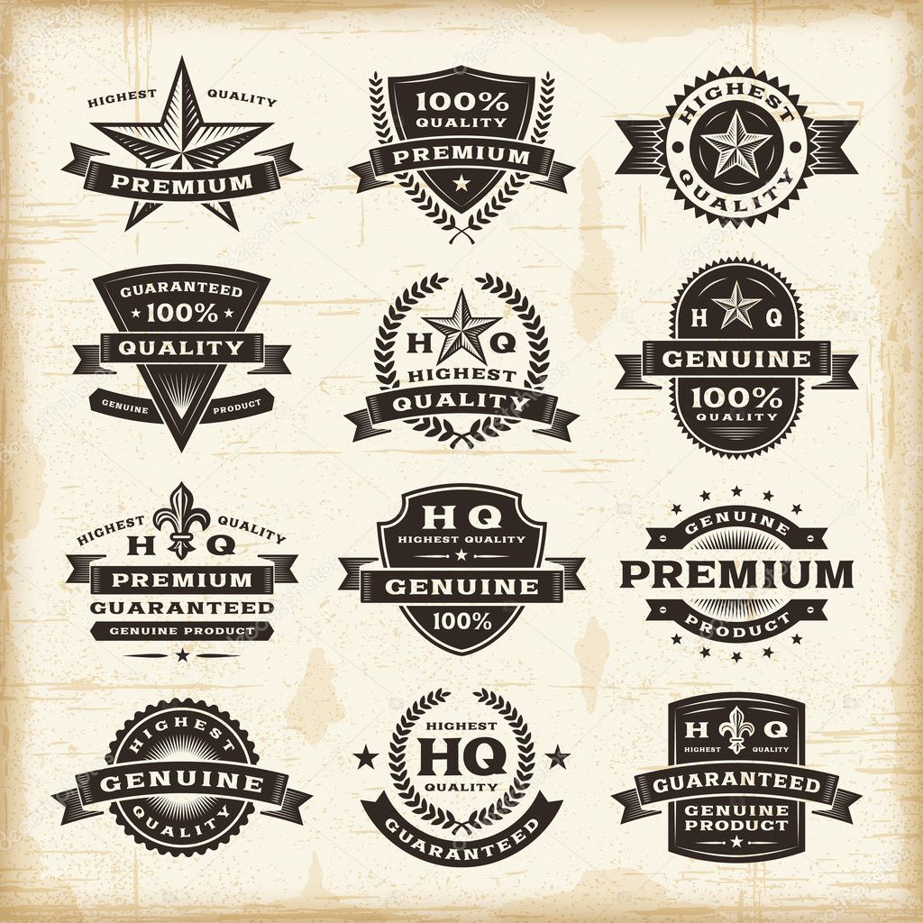 A set of fully editable vintage premium quality labels in woodcut style. EPS10 vector illustration.