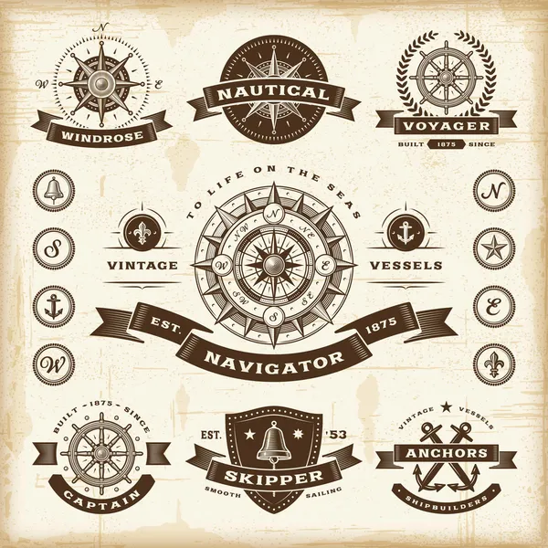 Étiquettes et insignes nautiques vintage — Image vectorielle