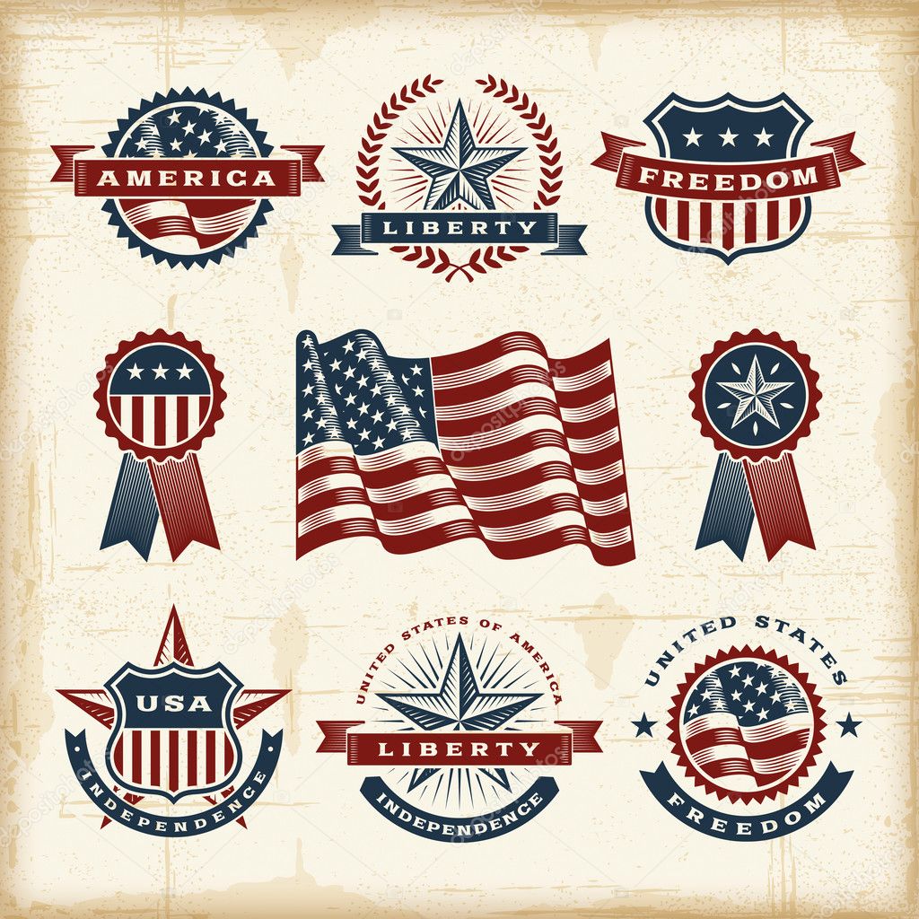 A set of fully editable vintage American labels and badges in woodcut style. EPS10 vector illustration.