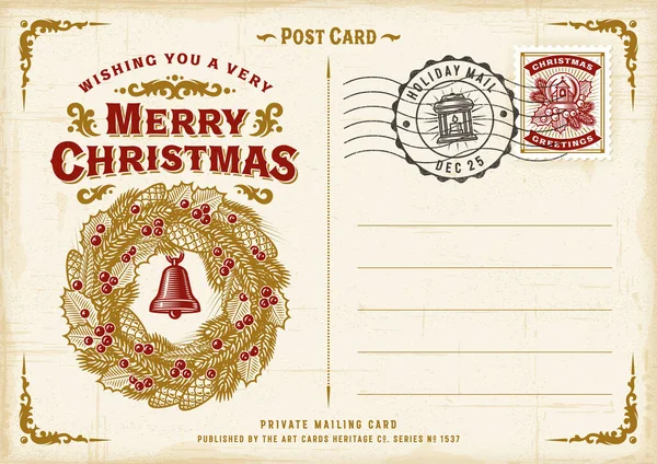 Vintage Merry Christmas Postkarte Editierbare Eps10 Vektorillustration Retro Holzschnitt Stil lizenzfreie Stockillustrationen