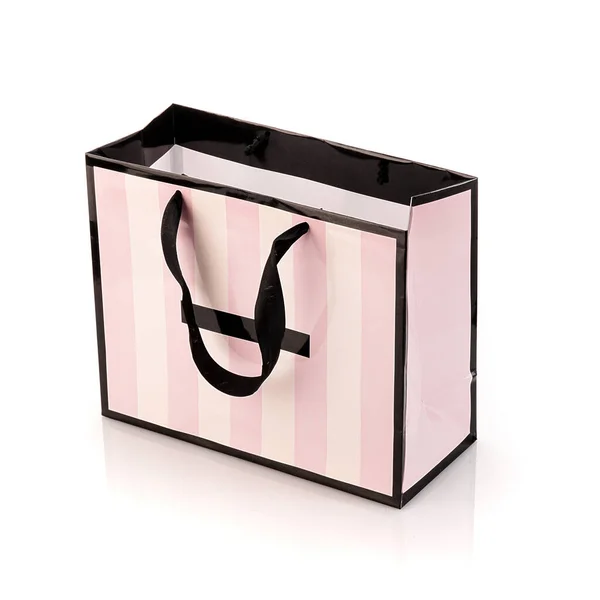 Ροζ Ριγέ Κουτί Για Δώρο Πάει Ψώνια Απομονωμένο Λευκό Φόντο — Φωτογραφία Αρχείου