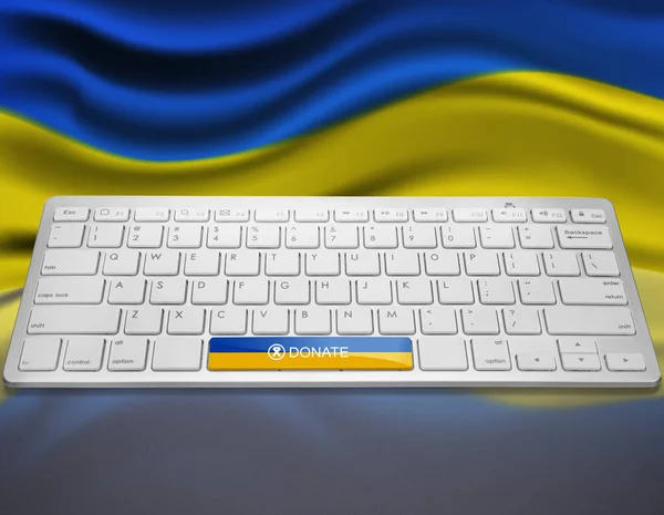 键盘键与乌克兰国旗和捐赠文本蓝色黄旗背景 对乌克兰的捐助概念 — 图库照片