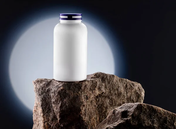 White Jar Mockup Vitamins Natural Stone Dark Background — 스톡 사진