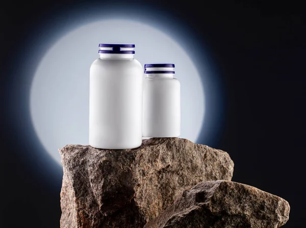 White Jar Mockup Vitamins Natural Stone Dark Background — Stockfoto