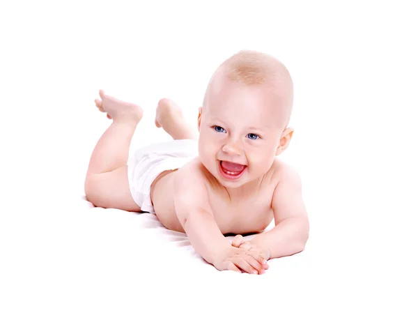 Bebe Garcon Couche Sur Fond Blanc Souriant L Innocence Isole Stock Photo