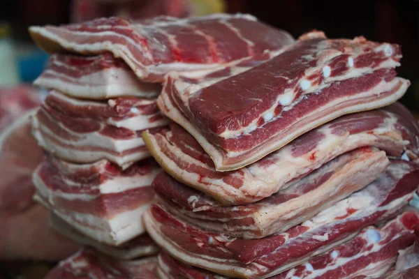 Almaty Kazakhstan 2022 Pork Slices Laid Out Row Sale Hypermarket — Stock Photo, Image