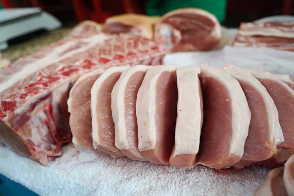 Almaty Kazakhstan 2022 Pork Slices Laid Out Row Sale Hypermarket — Stock Photo, Image