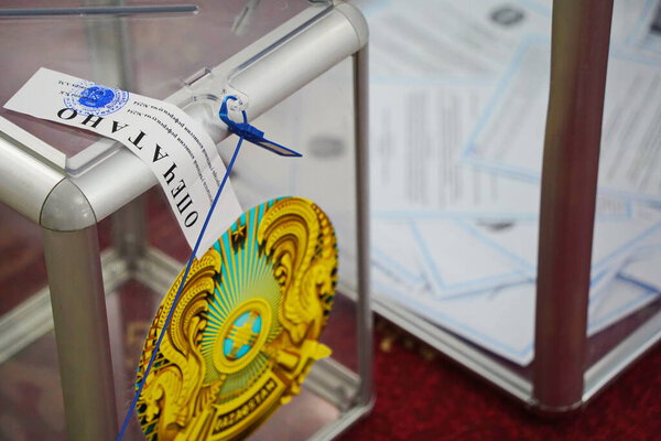 Almaty, Kazakhstan - 06.05.2022 : A ballot box for collecting ballots during voting at a polling station.