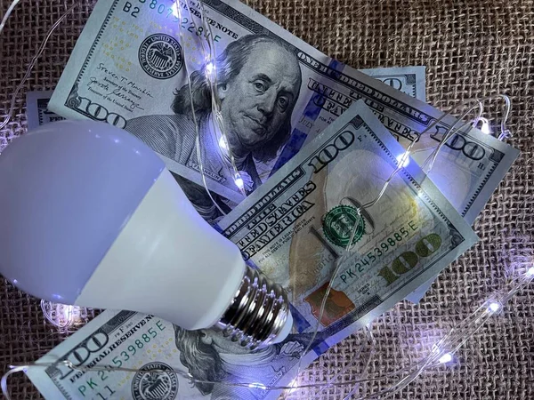 Electric light bulb, dollar bills and lights garlands on the table.