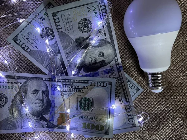 Electric light bulb, dollar bills and lights garlands on the table.