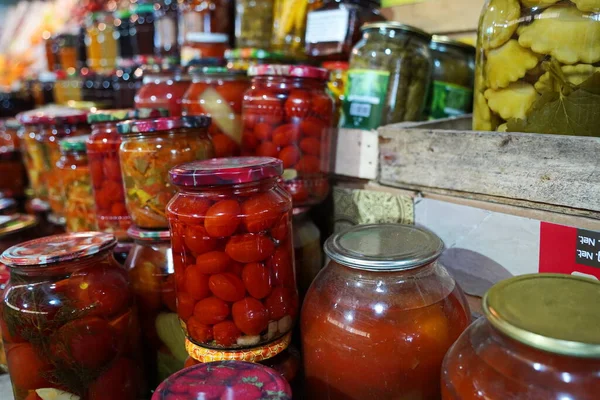 Sale of homemade canned vegetables in cans.