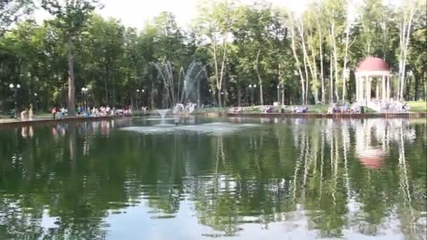 Sjön med en fontän i kharkiv central park Stockfilm