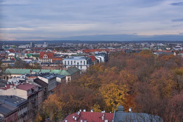 Panoramautsikt Över Krakow Tagen Från Klocktornet Wawel Castle Cathedral Början — Stockfoto