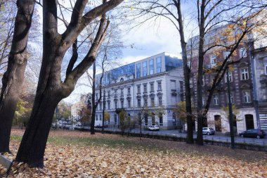 KRAKOW, POLAND - 5 Kasım 2021 Krakow 'daki eski kasabanın sokaklarında sabah. Krakow Bitkilerinden Görünüm