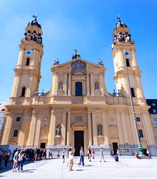 MUNICH, BAVARIA, GERMANY - AUGUST 23, 2022: Theatinerkirche is the Catholic collegiate church of St. Cajetan in Munich. Odeonsplatz