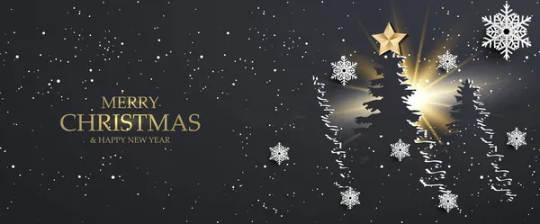 Frohe Weihnachten Banner Mit Schneeflocken Und Weihnachtsbaum Papier Geschnitten Stil — Stockvektor
