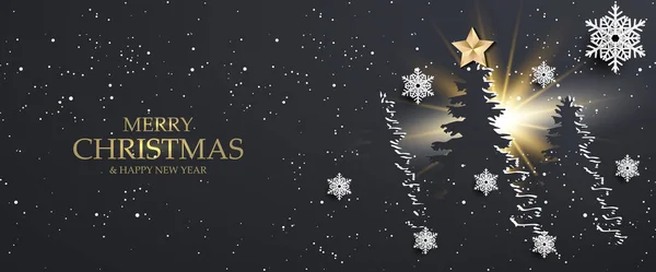 雪のフレークとクリスマスツリー紙カットスタイルとメリークリスマスバナー — ストックベクタ
