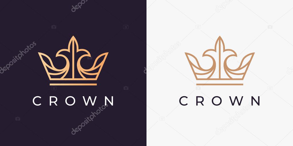 Premium royal gold crown logo. Luxury brand line icon. Boutique jewelry symbol. Elegant fashion design emblem. Vector illustration.
