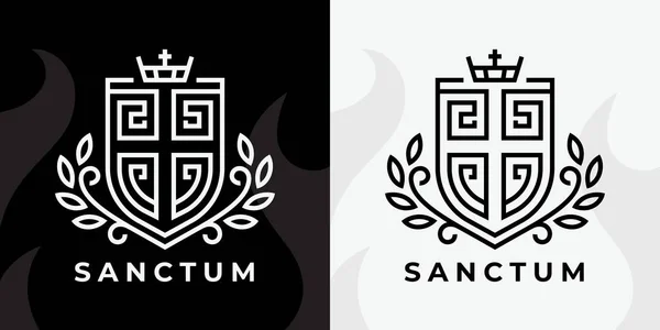 Croce Cristiana Scudo Logo Crocifisso Religioso Stemma Icona Linea Sanctum — Vettoriale Stock