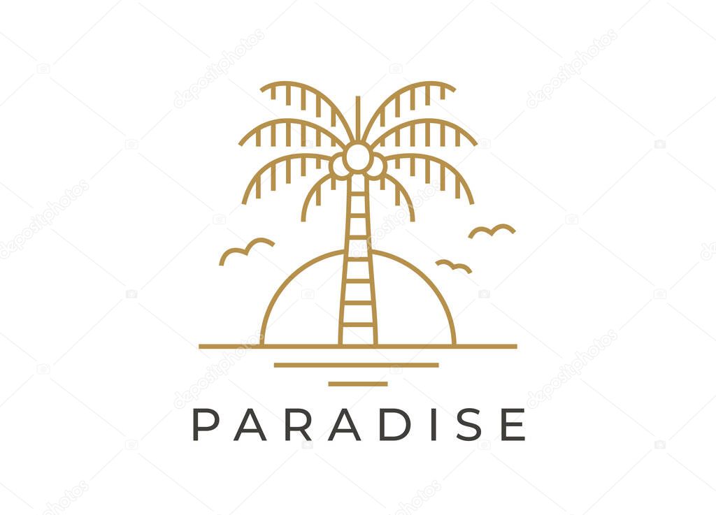 Paradise beach resort logo. Palm tree line icon. Tropical summer seaside vacation travel sign. Vector illustration.
