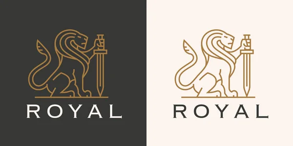 Kraliyet Aslanı Kılıç Logosu Zarif Bir Hayvan Çizgisi Ikonu Heraldik — Stok Vektör