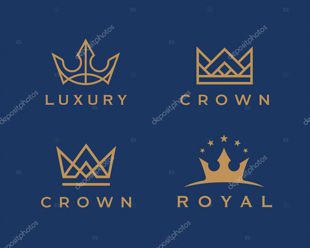 Royal crown logo set. Luxury king brand icons. Elegant golden business symbol collection. Premium design element illustration vector pack.