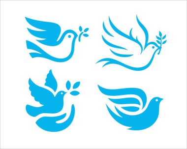 Uçan güvercin simgesi seti. Barış sembolü koleksiyonu. Huzurlu hayvan silueti logosu işaretleri. Vektör illüstrasyonu.