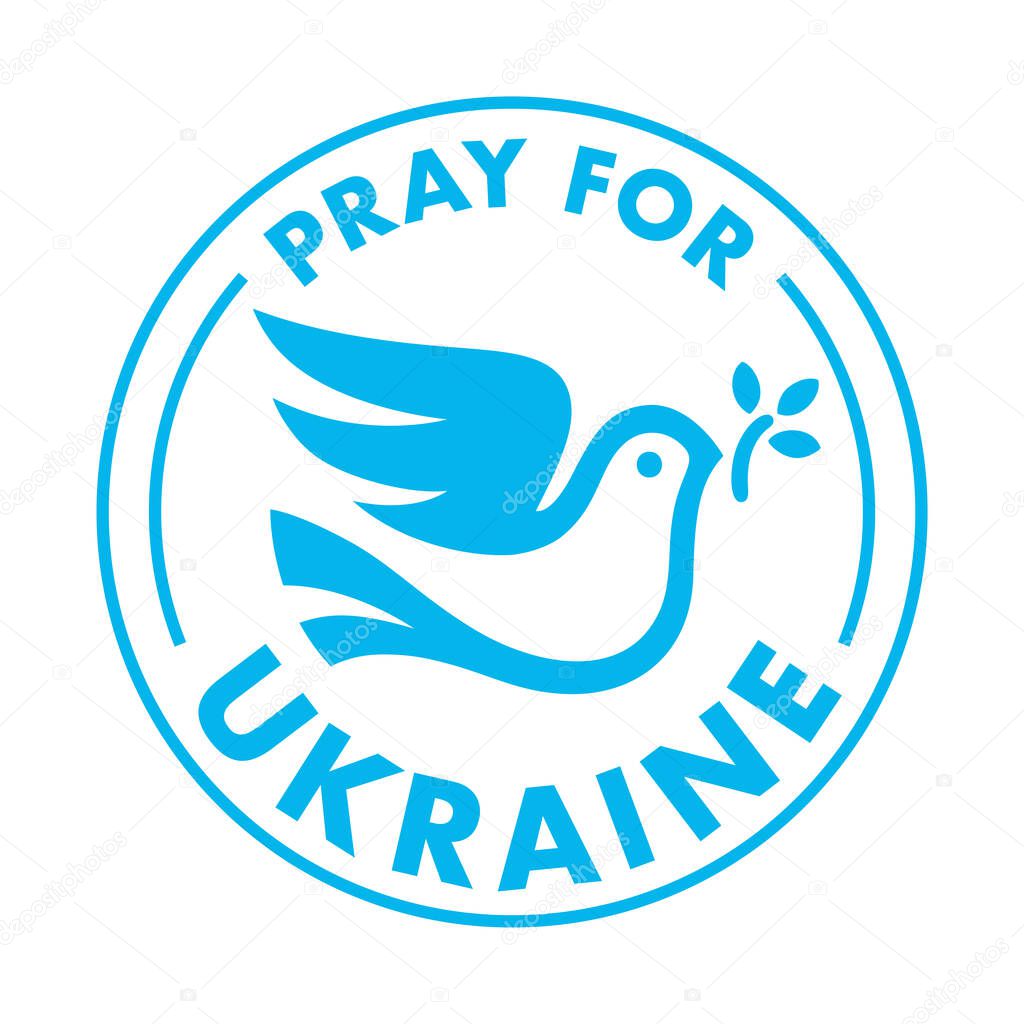 Pray for Ukraine sticker icon. Christian prayer and support for Ukrainian peace symbol with dove sign. Vector illustration.