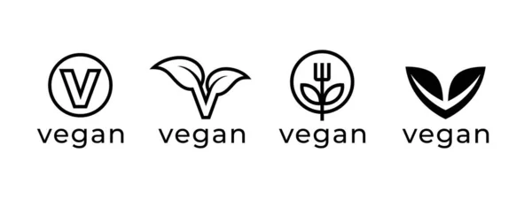 Conjunto Iconos Logotipo Vegano Planta Base Dieta Producto Etiqueta Hoja — Vector de stock