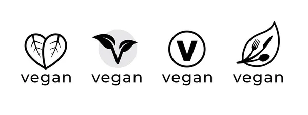 Conjunto Iconos Logotipo Vegano Planta Base Dieta Producto Etiqueta Hoja — Vector de stock