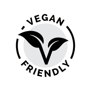 Vegan dostu pul ikonu. Vejetaryenlik rozeti sembolü. Vejetaryen gıda ürünleri çıkartması tabelası. Vektör illüstrasyonu.