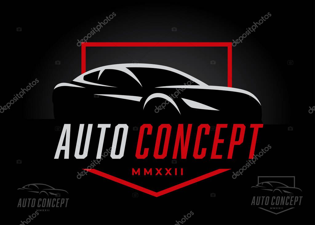 Auto sports car logo design concept. Supercar silhouette icon. Motor vehicle dealership showroom badge. Automotive performance garage workshop symbol. Vector illustration.