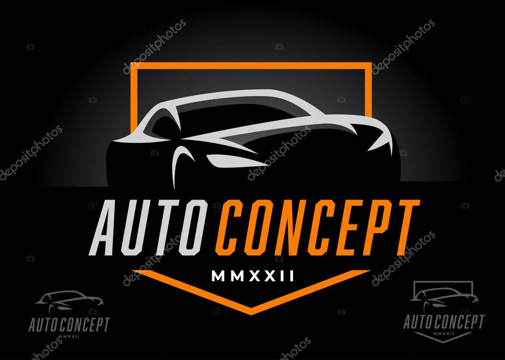 Auto coupe sports car logo design concept. Supercar silhouette icon. Motor vehicle dealership showroom symbol. Automotive performance garage workshop badge. Vector illustration.