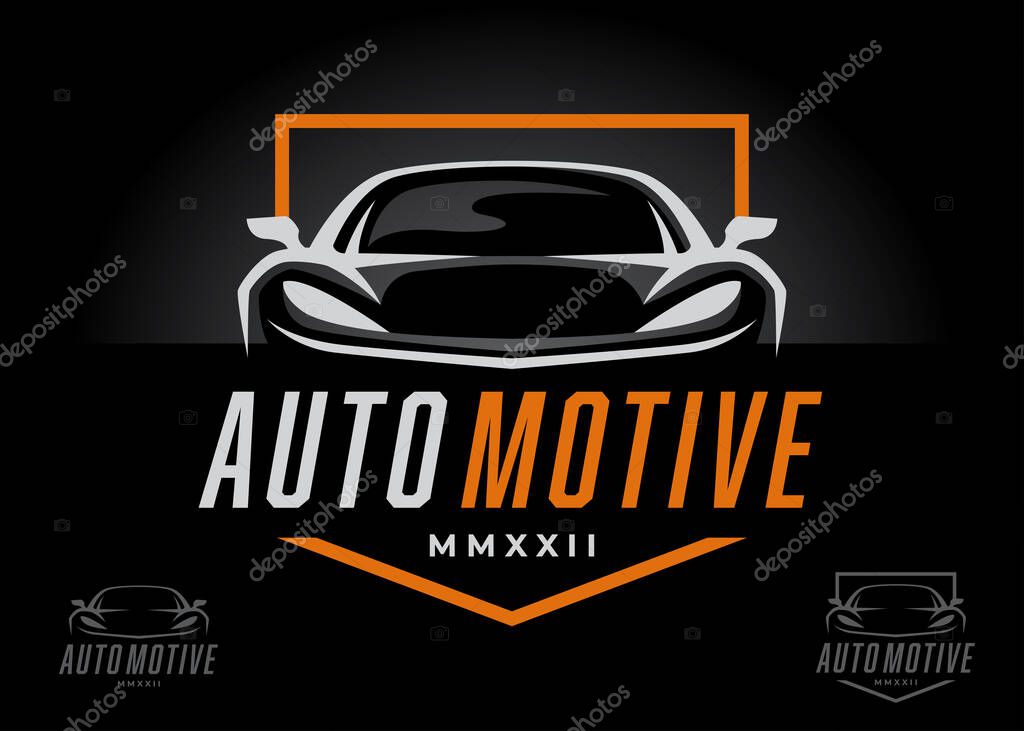 Sports car front logo design. Supercar auto silhouette icon. Motor vehicle dealership showroom badge. Automotive performance garage workshop symbol. Vector illustration.