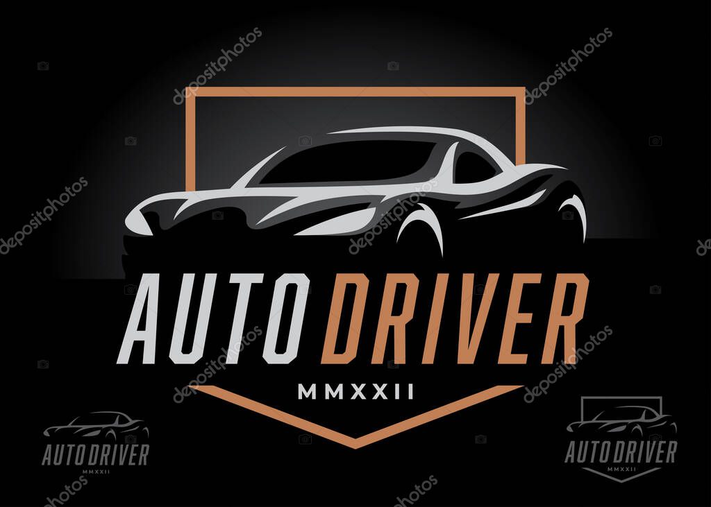 Sports car logo concept design. Supercar auto silhouette icon. Motor vehicle dealership showroom badge. Automotive performance garage workshop symbol. Vector illustration.