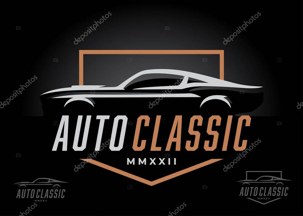 Retro sports car silhouette logo icon design. Classic American performance motor vehicle dealership symbol. Auto garage showroom sign. Vector illustration.