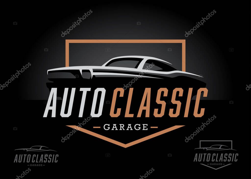 Classic sports car logo icon design. American retro motor vehicle silhouette sign. Auto garage dealership badge symbol. Vector illustration.
