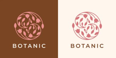 Zarif çiçekçi logosu. Kırmızı ve pembe desenli çiçek yaprağı çizgi ikonu. Süslü doğa çemberi amblemi. Botanik bitki etiketi sembolü. Vektör illüstrasyonu.