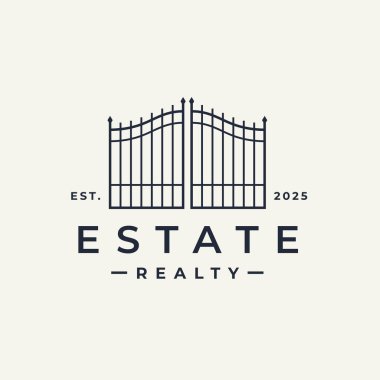 Real estate iron gate property logo. Lifestyle security estate line icon. Classic wrought iron entrance sign. Vector illustration.